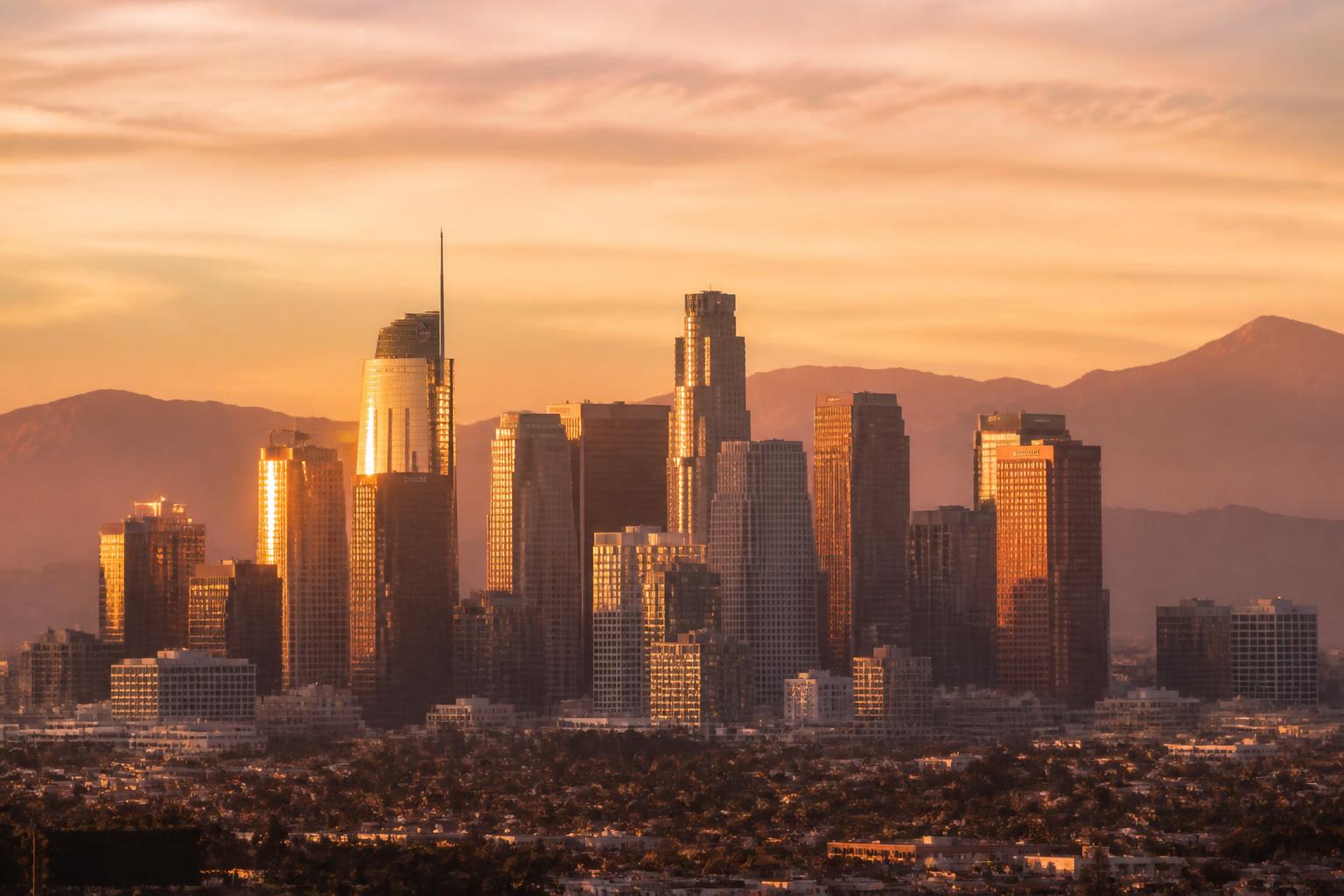 The Downtown Los Angeles skyline at golden hour